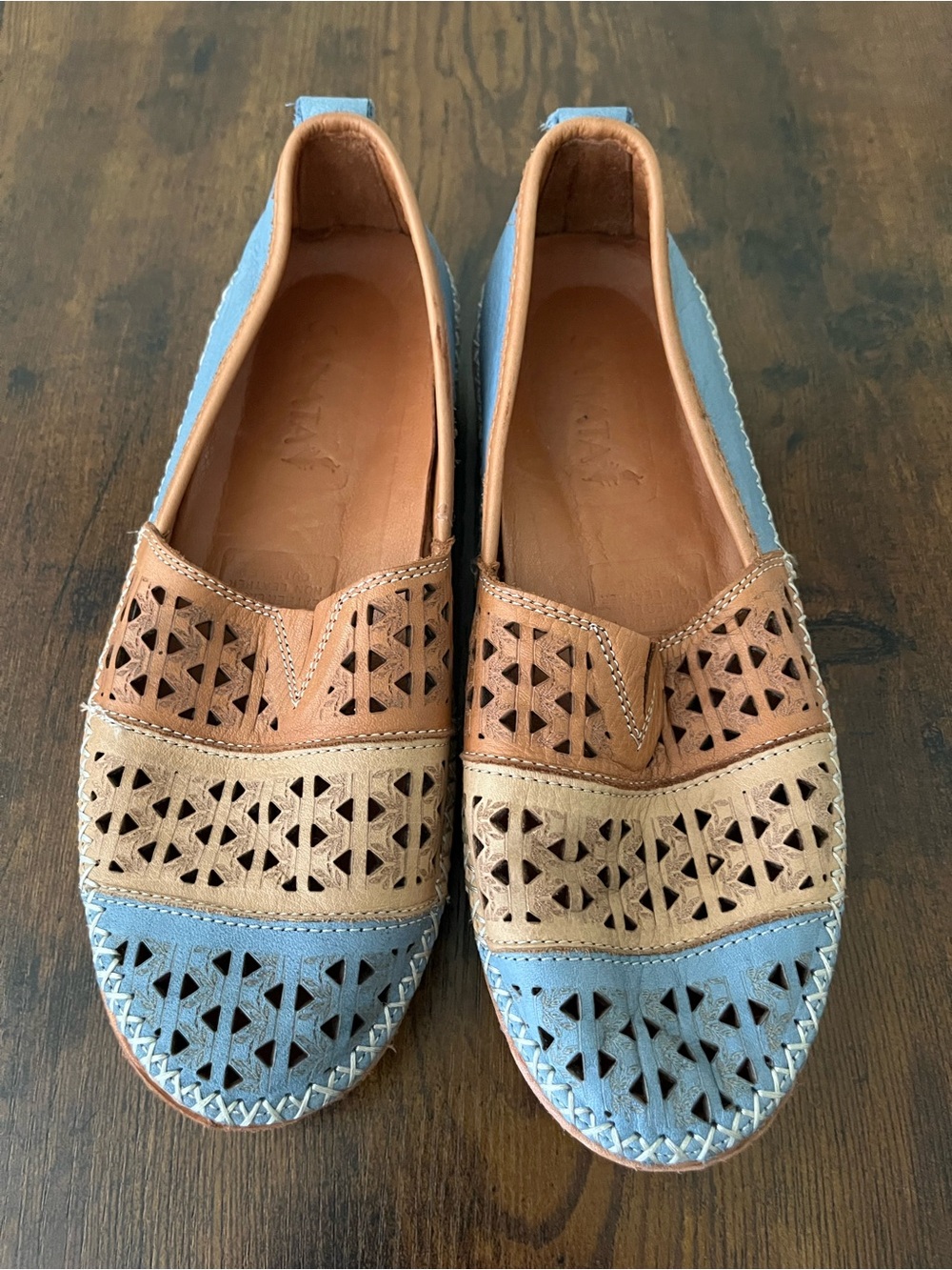 Sam & Libby Tri-Panel Woven Leather Slip-On Flats — Tan, Cream & Light Blue